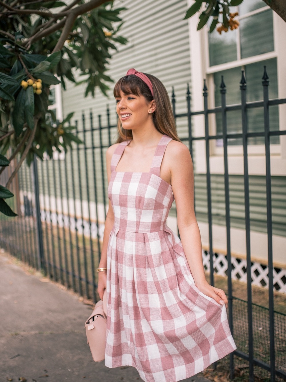 Gal Meets Glam Dusty Pink & White Gingham Midi Dress